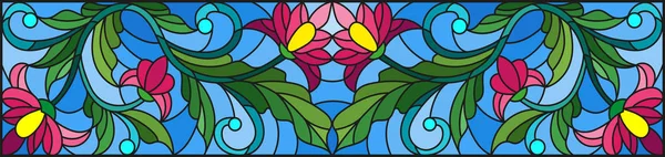 Illustratie in gebrandschilderd glas stijl met abstracte roze bloemen op een blauwe achtergrond — Stockvector