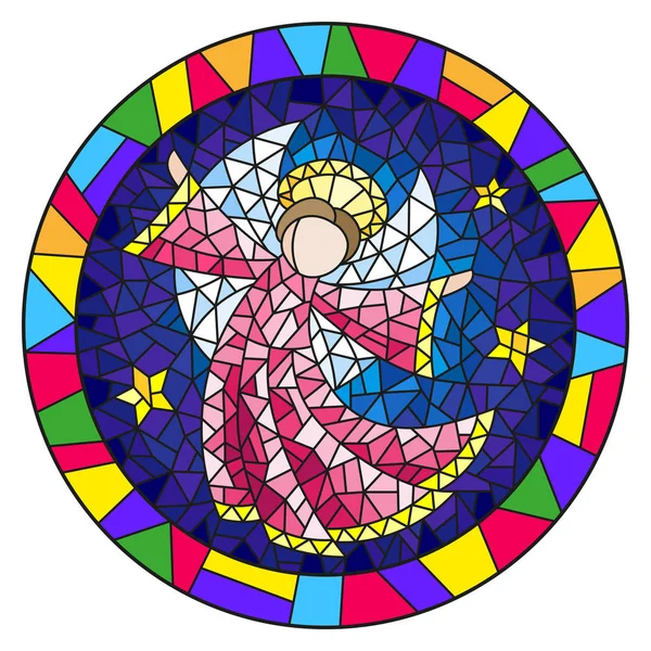 Иллюстрация в витражном стиле с абстрактным ангелом в розовом халате, круглая рамка в ярком — стоковый вектор