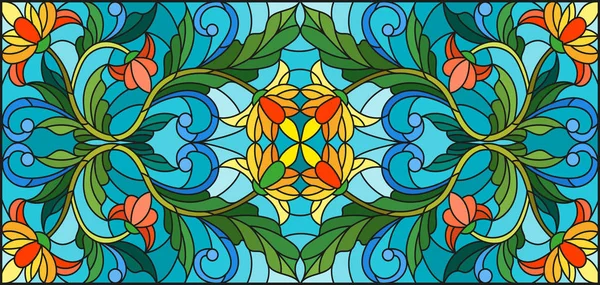 Vitray stil tasarlamak turuncu çiçekler üzerinde mavi bir arka plan ile resimde