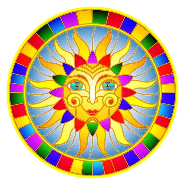Ilustrație în stilul unei ferestre de vitralii cu soare abstract în cadru luminos, imagine rotundă — Vector de stoc