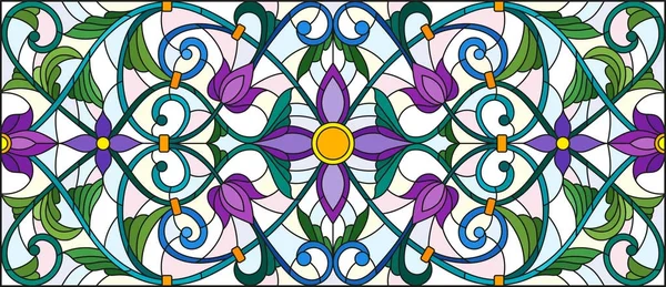 İllüstrasyon soyut swirls, vitray tarzında çiçekler ve hafif bir arka plan üzerinde yatay yönlendirme bırakır