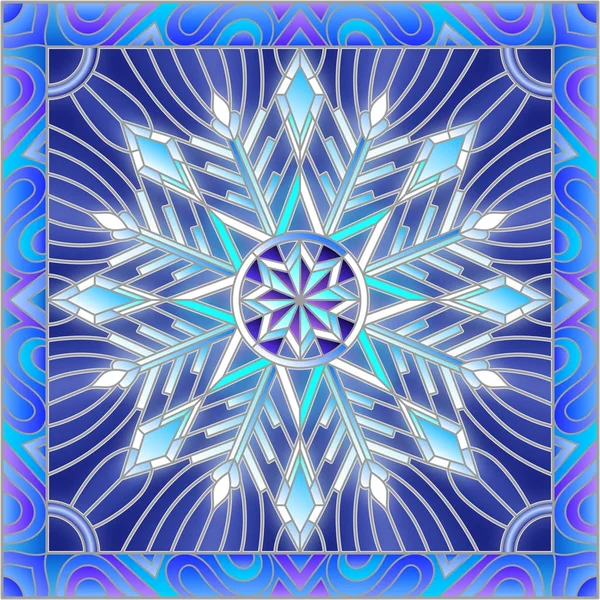 Vitray tarzı illüstrasyon kar tanesi bir çerçeve içinde mavi renk ile 