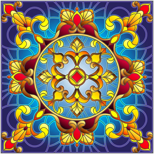 Vitray tarzı, kare ayna görüntüsüyle çiçek süs eşyaları ve swirls, kare görüntü illüstrasyon
