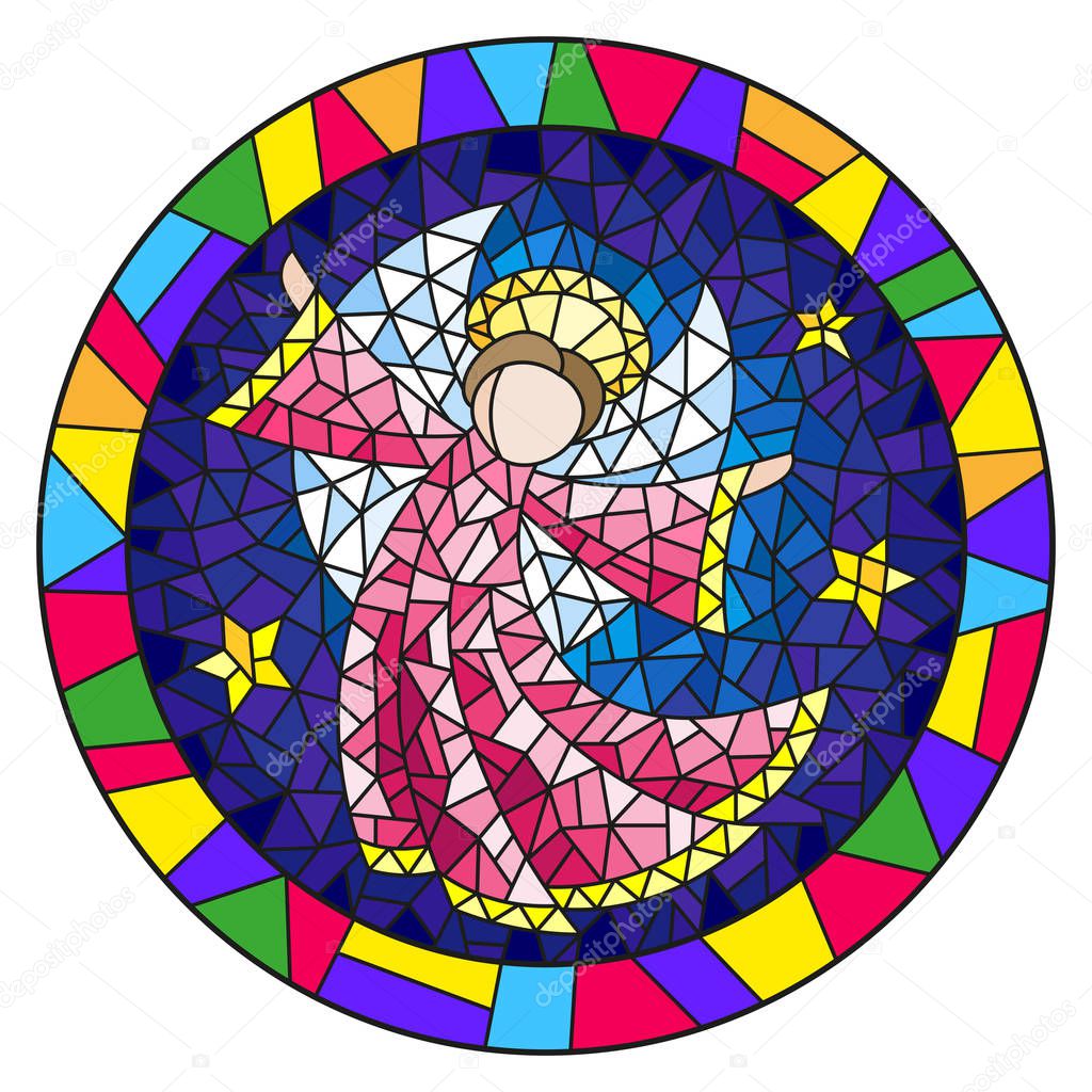 Illustration in stained glass style with an abstract angel in pink robe  , round picture frame in bright