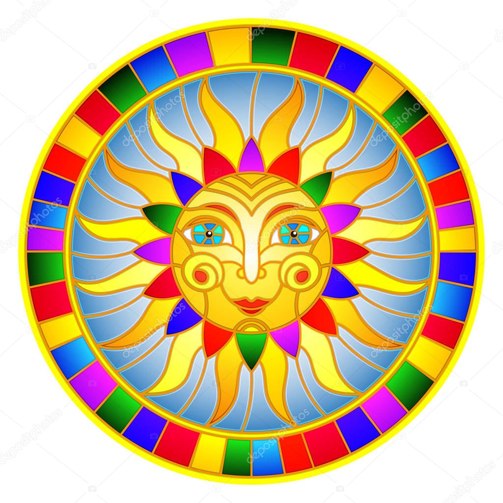 Illustration in the style of a stained glass window with abstract sun in bright frame,round image