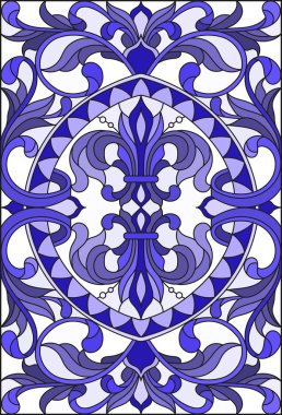 İllüstrasyon soyut swirls, vitray tarzında çiçekler ve hafif bir arka plan üzerinde dikey yönlendirme gama mavi yaprakları