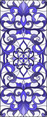 İllüstrasyon soyut swirls, vitray tarzında çiçekler ve hafif bir arka plan üzerinde dikey yönlendirme gama mavi yaprakları