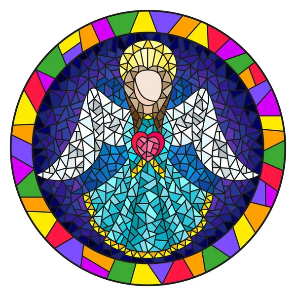 Illusztráció egy absztrakt angyal kék köpenyt, egy szív, kerek képkeret világos stílusban festett üveg — Stock Vector