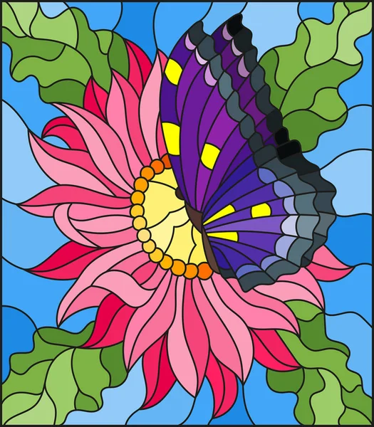 Vitray tarzı bir pembe Aster çiçek ve parlak kelebek mavi bir arka plan üstüne çizimde — Stok Vektör