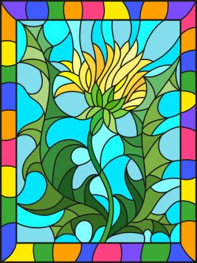 Karahindiba vitray tarzı çiçek parlak bir çerçeve içinde mavi bir arka plan üzerinde resimde