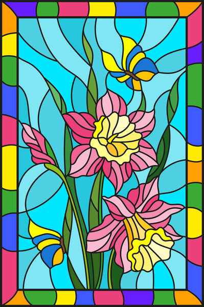 Illustration in stained glass style with flowers, leaves and buds of pink flowers and butterflies on a blue background with bright frame