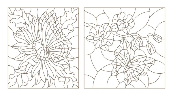 Conjunto de ilustraciones del contorno de las vidrieras con mariposas y flores, Orquídea y Aster mariposa, contorno negro sobre fondo blanco — Vector de stock