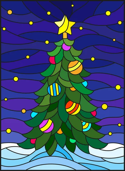 Ilustración en estilo vitral para el nuevo año, árbol de Navidad decorado con decoraciones sobre un fondo de nieve y cielo estrellado — Vector de stock