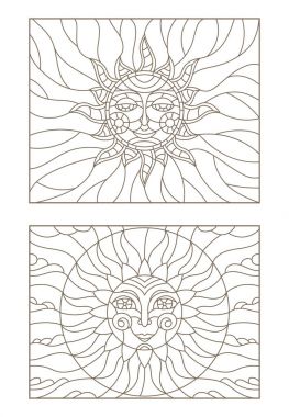 Set kontur illüstrasyonlar vitray güneş yüzü, beyaz bir arka plan üzerinde koyu anahat ile izole