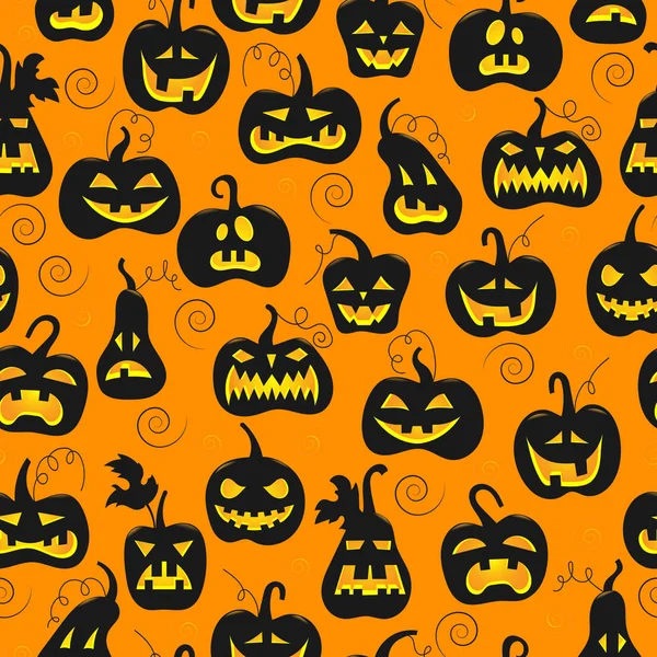 Padrão sem costura sobre o tema do Halloween, diferentes formas de abóbora escura no fundo laranja — Vetor de Stock