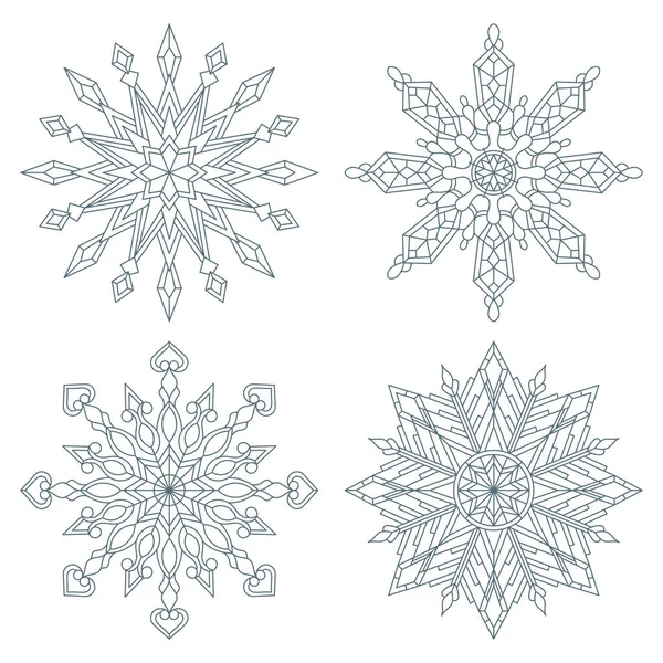 Conjunto de copos de nieve estilo vidrieras, contorno negro sobre fondo blanco aislado — Vector de stock