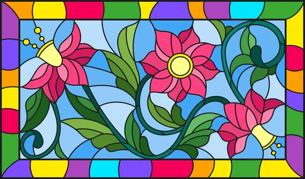 Ilustração em estilo vitral com flores rosa abstratas em um fundo amarelo em quadro brilhante —  Vetores de Stock