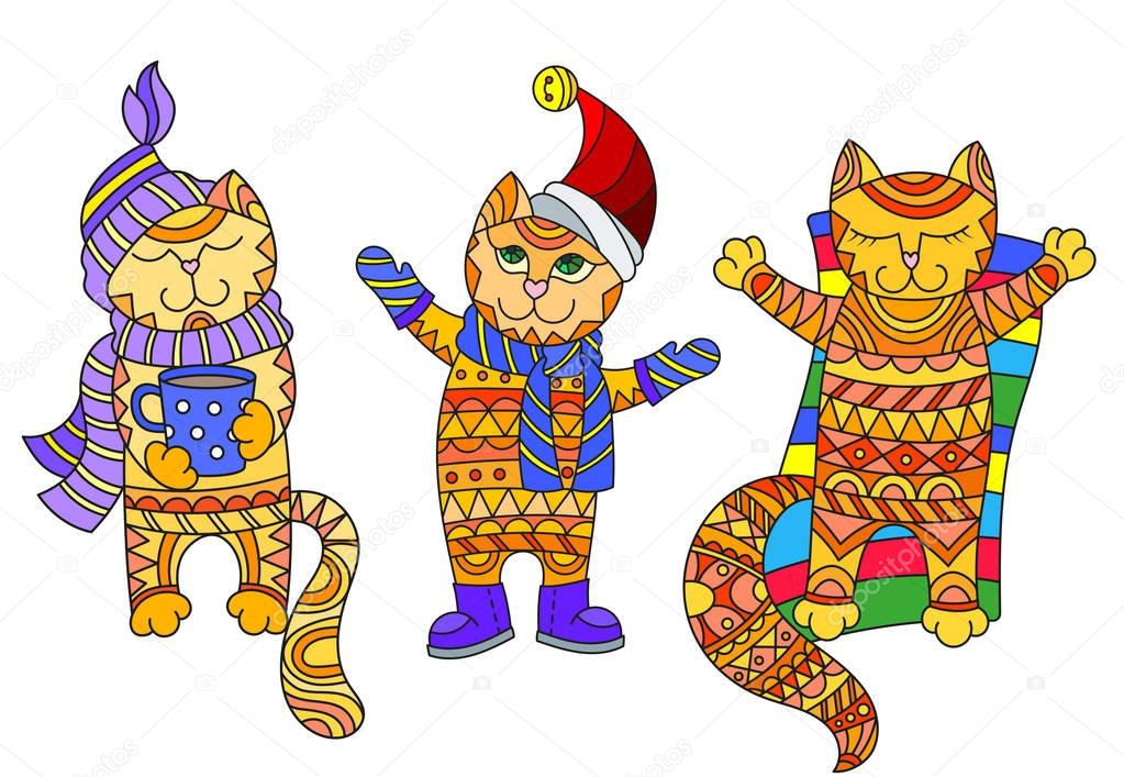 Illustration with funny cartoon cats dressed in different seasons, autumn, winter and summer, isolated on white background