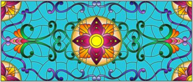 Mavi arka planda soyut girdaplar, çiçekler ve yapraklar ile boyalı cam tarzında resim, yatay yönelim