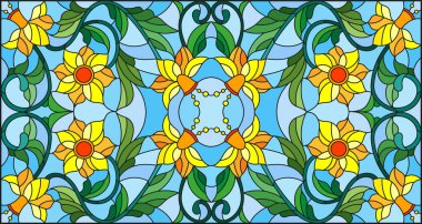 Vitray tarzı soyut swirls ile resimde, sarı çiçekler ve mavi bir arka plan üzerinde yatay yönlendirme bırakır