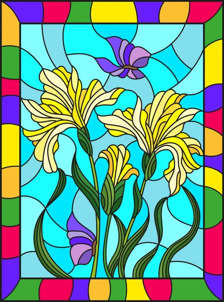 Ilustración en estilo vitral con un ramo de iris amarillos y mariposas sobre fondo azul en un marco brillante — Archivo Imágenes Vectoriales