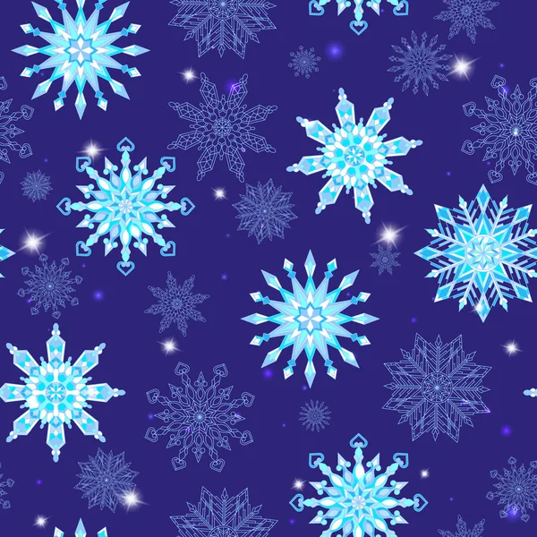 Patrón sin costuras sobre el tema de las vacaciones de invierno y de invierno, el contorno del copo de nieve y los monstruos, copos de nieve blancos sobre un fondo azul — Vector de stock