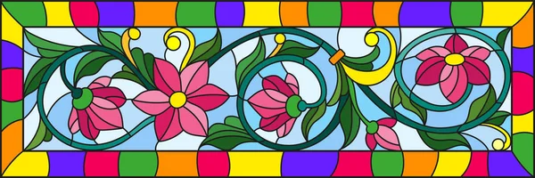 Εικονογράφηση στο λεκιασμένο γυαλί στυλ με αφηρημένα ροζ λουλούδια σε μπλε φόντο το φωτεινό πλαίσιο — Διανυσματικό Αρχείο