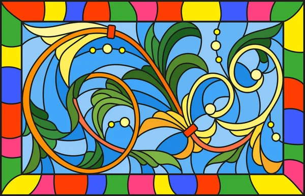 Ilustración en estilo vitral con remolinos abstractos y hojas sobre fondo azul, orientación horizontal — Vector de stock