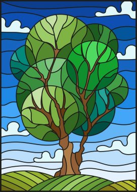 Ağaç gökyüzü arka plan üzerinde renkli cam stiliyle çizimde 