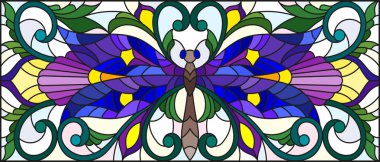 Vitray tarz ile parlak yusufçuk ve hafif bir arka plan üzerinde çiçek süsleme çizimde