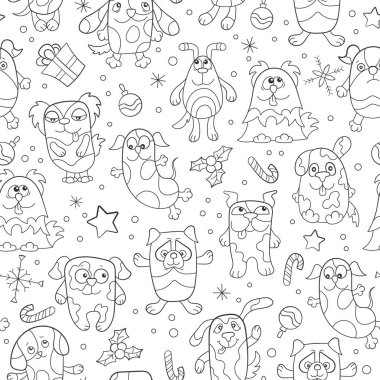 Yeni yıl ve Noel, komik karikatür köpekler, hafif bir arka plan üzerinde koyu anahat konulu seamless modeli