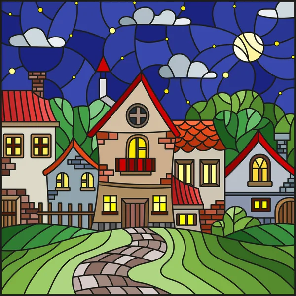 Ilustração em estilo vitral, paisagem urbana, telhados e árvores contra o céu estrelado e lua — Vetor de Stock