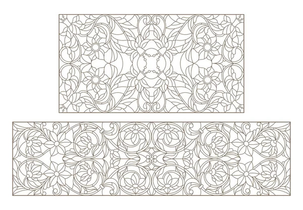 Série d'illustrations de contour de vitraux avec tourbillons abstraits et fleurs, orientation horizontale — Image vectorielle