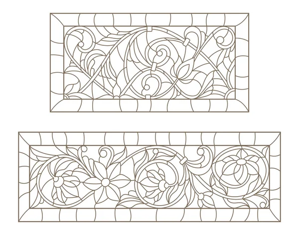 Conjunto de ilustraciones de contorno de vidrieras con remolinos abstractos y flores, orientación horizontal — Vector de stock