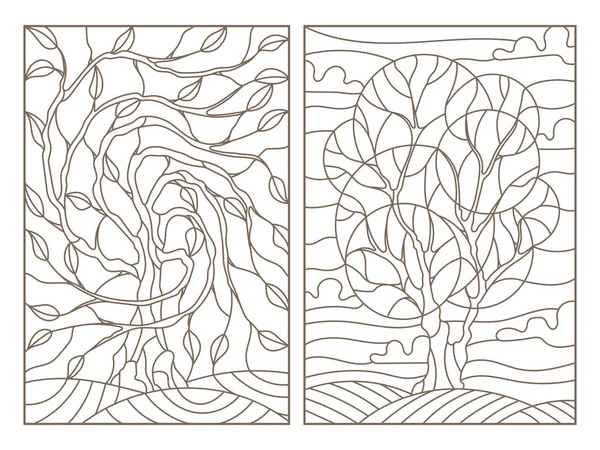 Conjunto de ilustraciones de contorno de vidrieras con la imagen de los árboles — Vector de stock