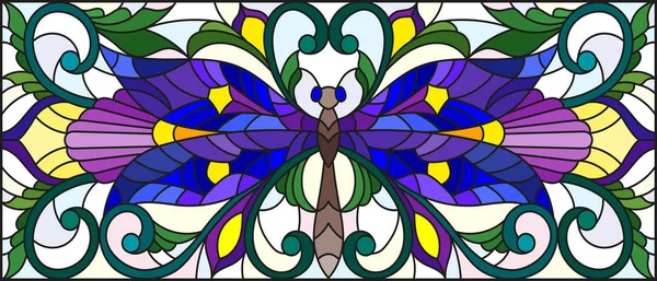 Illustration im Glasmalereistil mit heller Libelle und floralem Ornament auf hellem Hintergrund — Stockvektor