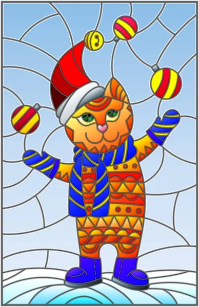 Illustratie in gebrandschilderd glas stijl met grappige kat in KERSTMUTS jongleren kerstversiering op een achtergrond van sneeuw en lucht — Stockvector