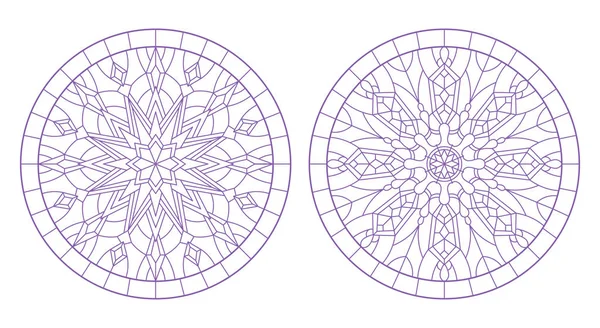 Set contour illustrations of stained glass with snowflakes in the framework ,round image — Stock Vector