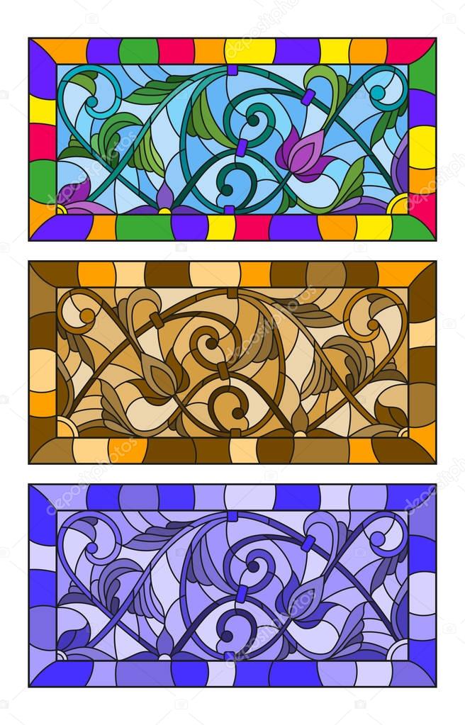 Set of illustrations of stained glass with abstract swirls and flowers , horizontal orientation