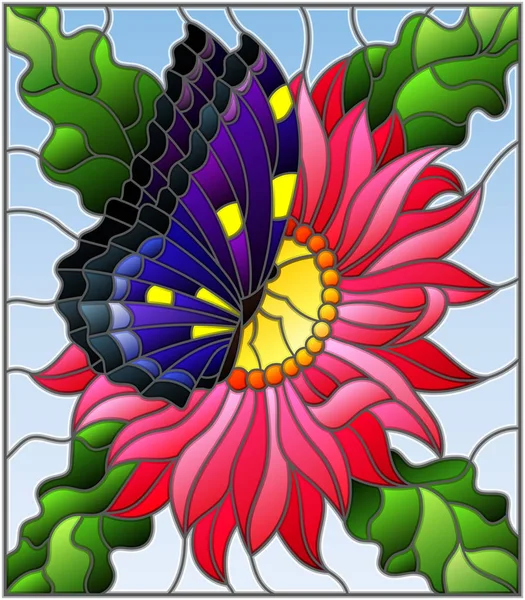 Illustration im Glasmalereistil mit einer rosa Asteroidenblume und einem hellen Schmetterling auf blauem Hintergrund — Stockvektor