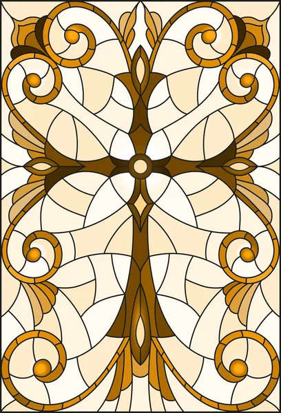 Illustration en verre teinté avec une croix dans le ciel et des fleurs, ton brun, Sepia — Image vectorielle