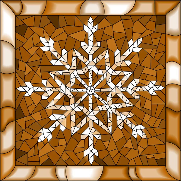 Illustration in stained glass style with snowflake ,tone, brown,Sepia — Stock Vector