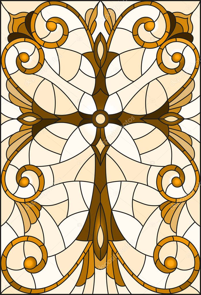 Stained glass illustration with a cross in the sky and flowers,brown tone , Sepia