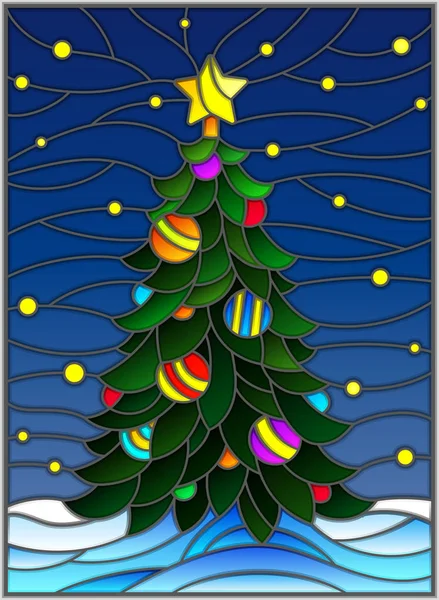 Vitray tarzı yeni yıl, kar ve yıldızlı gökyüzünün bir arka plan üzerinde süslemeleri ile dekore edilmiş Noel ağacı için çizimde — Stok Vektör