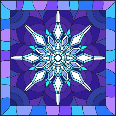 Vitray tarzı illüstrasyon kar tanesi bir çerçeve içinde mavi renk ile 