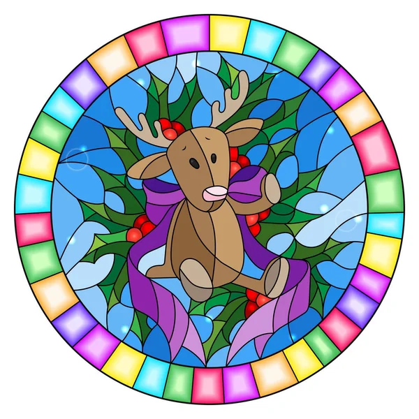 Illustrazione in stile vetrate con un giocattolo cervo, nastro e rami Holly su uno sfondo blu, cornice rotonda — Vettoriale Stock