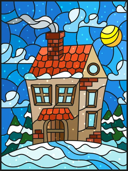 Ilustrasi dalam lanskap musim dingin gaya lama, rumah desa dan pohon cemara di latar belakang salju, langit dan matahari - Stok Vektor