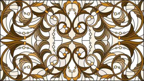 Illustration en vitrail avec fleurs abstraites, tourbillons et feuilles sur fond clair, orientation horizontale, sépia — Image vectorielle