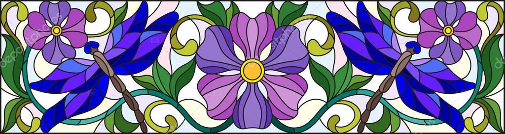 Illustration in stained glass style with bright dragonflyes , floral ornament and purple flowers on a light background