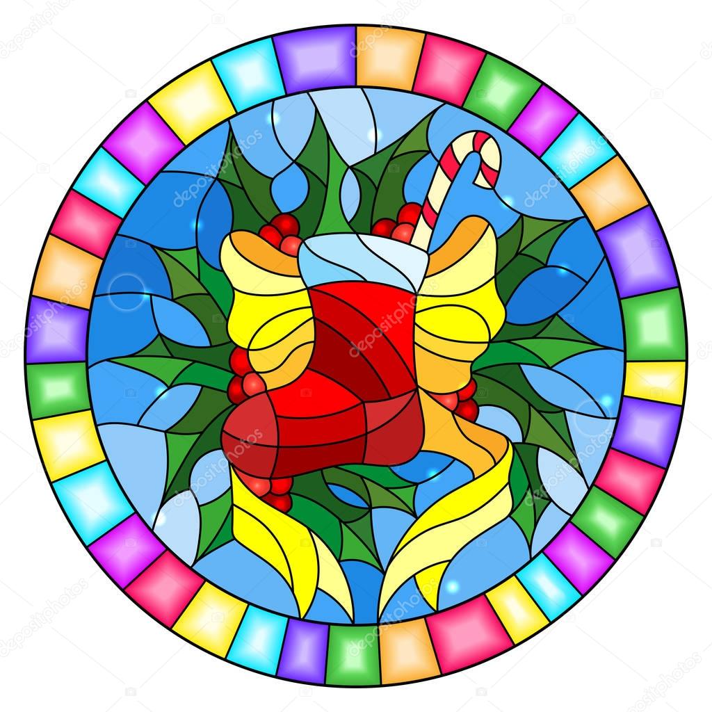 Illustration in stained glass style with a Christmas sock, ribbon and Holly branches  on a blue background, round picture frame